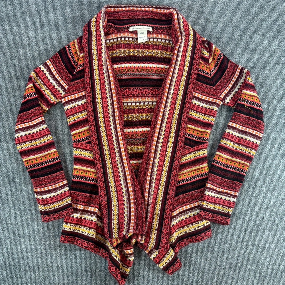 American Rag Cie Women XS Red Southwestern Fair Isle Shawl Cardigan Sweater Boho